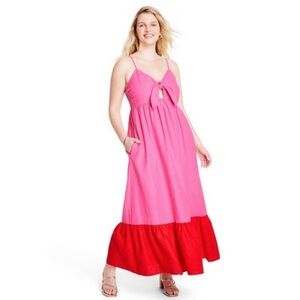 Pink and Red Colorblock Sleeveless Maxi Dress with Bow Detail